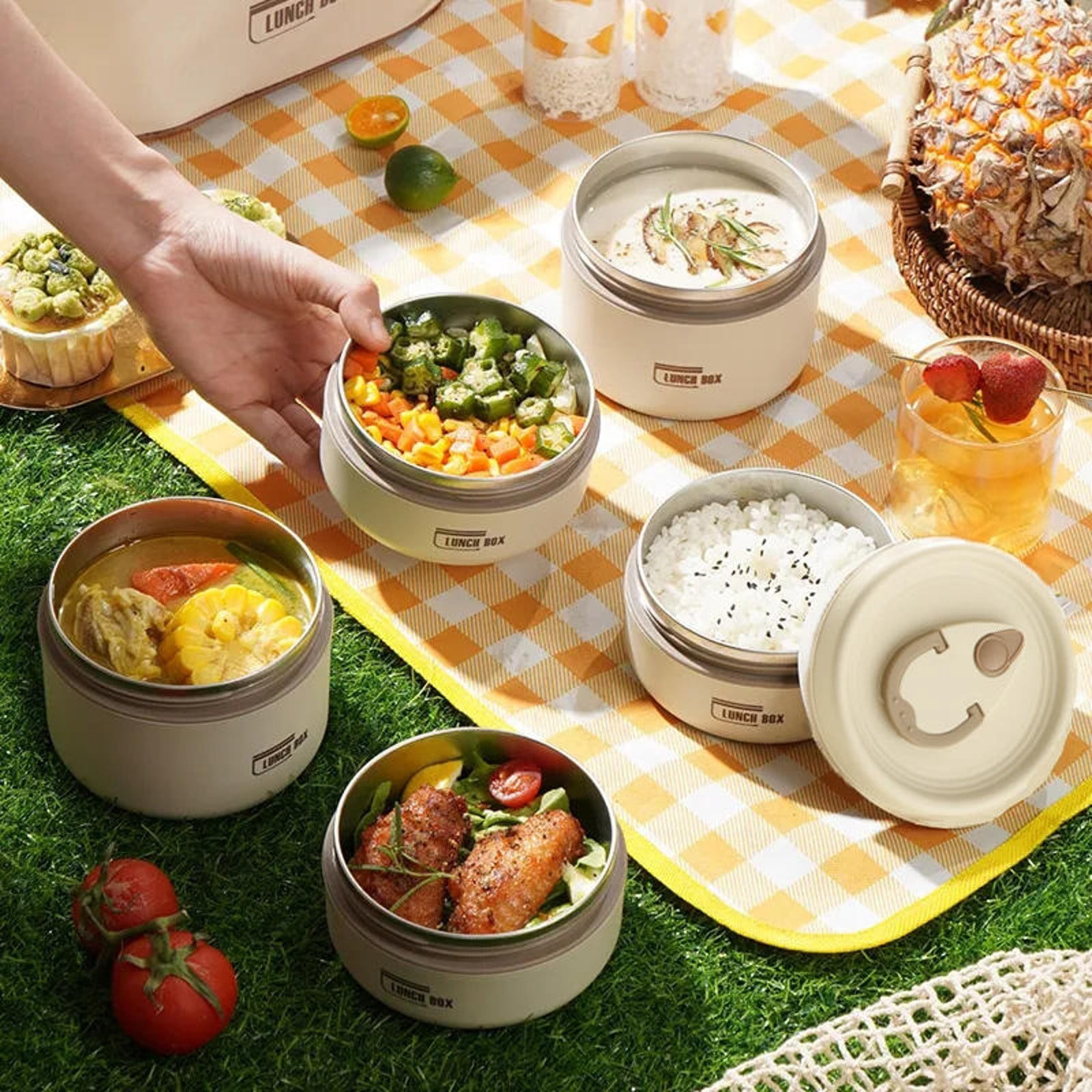 Portable Lunch Bag Bento Box Set Multi-Layer Thermal Food Organizer Leakproof Stainless Steel Storage Container Beige