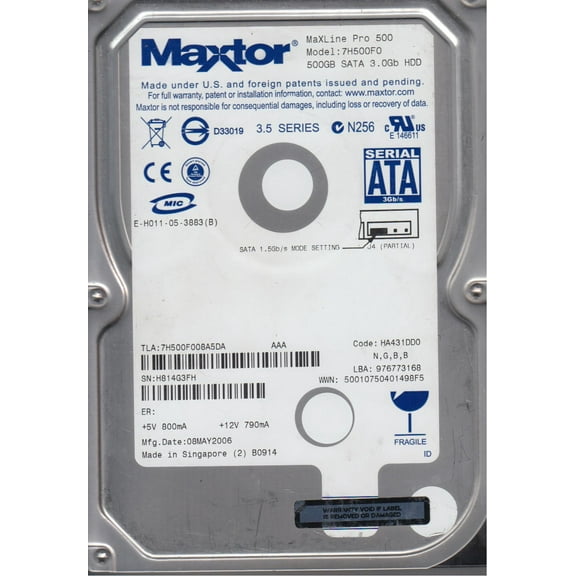 7H500F0, Code HA431DD0, NGBB, Maxtor 500GB SATA 3.5 Hard Drive