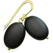 14k Yellow Gold Black Onyx Earrings Oval Matt Finish Simple Dangle Drops