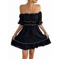 thumbnail image 3 of Women'S Summer Off Shoulder Mini Dress Ruffle Sleeve Elastic Waist Ruffle Hem Cute Beach Elegant Short Dresses Black XL, 3 of 9