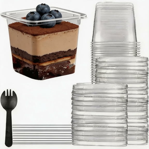 YEMNPIOS 10 Pcs Clear 12 oz Plastic Dessert Cups with Lids and Sporks, Square Parfait Cups Appetizer Containers for Pudding Cake Mousse Fruit Dessert