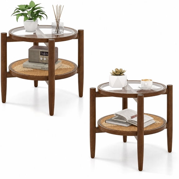Furnibear Set of 2 Rattan Round Side End Table with Tempered Glass Top and Woven Shelf on Acacia Wood Legs for Living Room Bedroom, Walnut