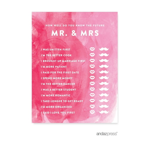 How Well Do You Know The Future Mr./Mrs.?  Pink Watercolor Wedding Bridal Shower Game Cards, 20-Pack