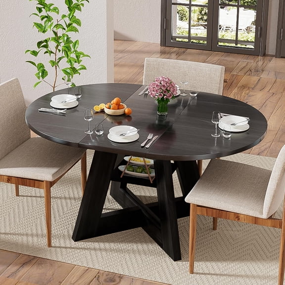 Fsbecl Mid Century Modern Extendable Round Dining Table 43.3in-59in for 4-8, Wooden Kitchen Dining Table, Black