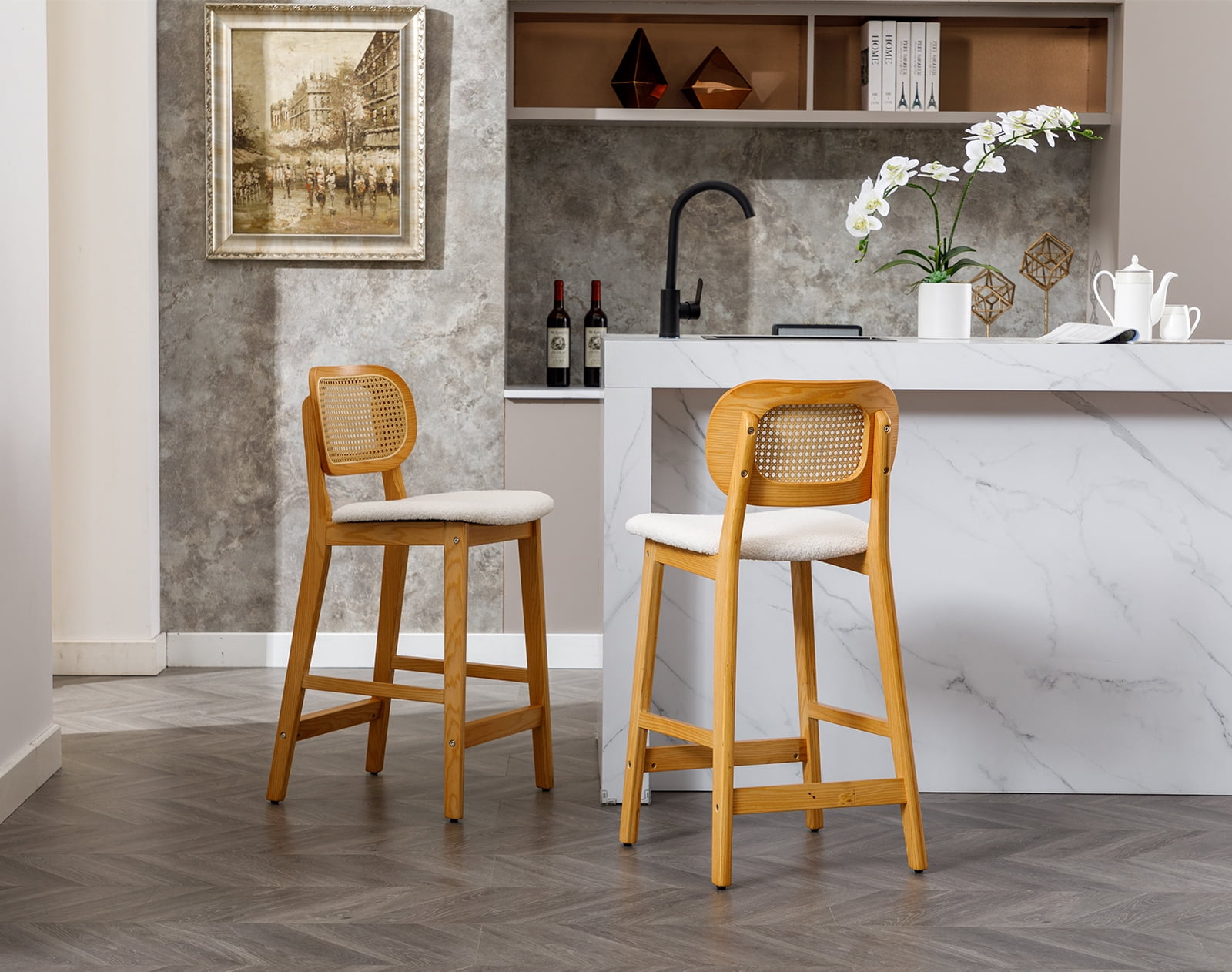 Dayalane Rattan Counter Height Bar Stools Set of 2, 26" Mid Century Modern Wood Farmhouse Barstools with Footrest, Sherpa Upholstered Kitchen Island Chairs for Pub Restaurant, White