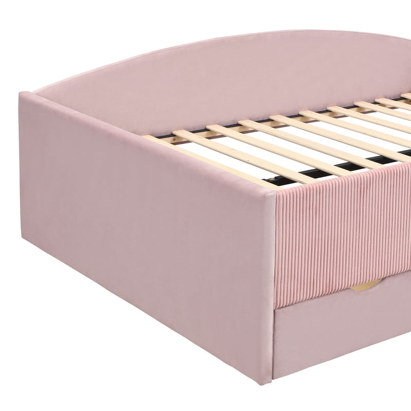 Full Size Kids Daybed Frame with Small Stair & 2 Storage Drawers, Velvet+Corduroy Dual Upholstered Accent Platform Bed