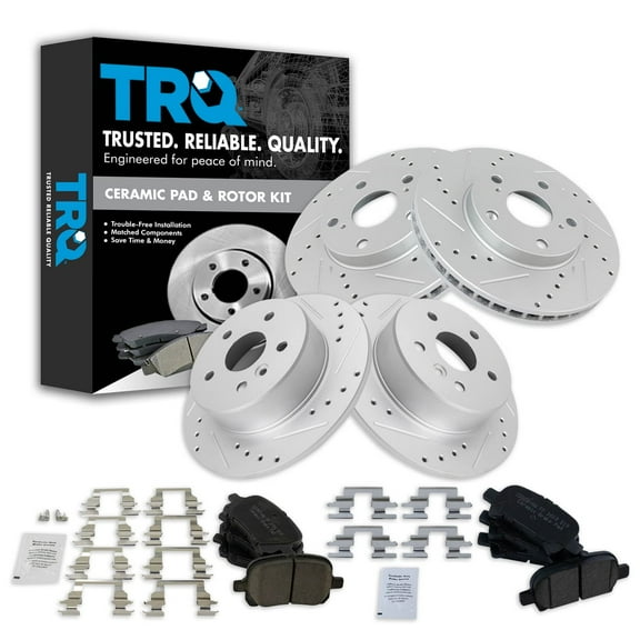 TRQ Front and Rear Performance Brake Pad & Rotor Kit Brake Pads Brake Rotors Set Ceramic Premium G-Coated Fits Select 2000-2004 Toyota Avalon