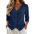 thumbnail image 2 of Linen Button Down Blouse V Neck Hem Business Office Daily Wear Relaxed Fit Casual Work Top, 2 of 5