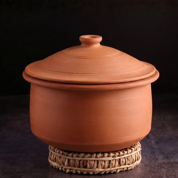 Swadeshi Blessings Clay Pot for Cooking With Lid, 3L/ Unglazed Earthen Kadai/ Lead Free Clay Handi Free Palm Leaf Stand