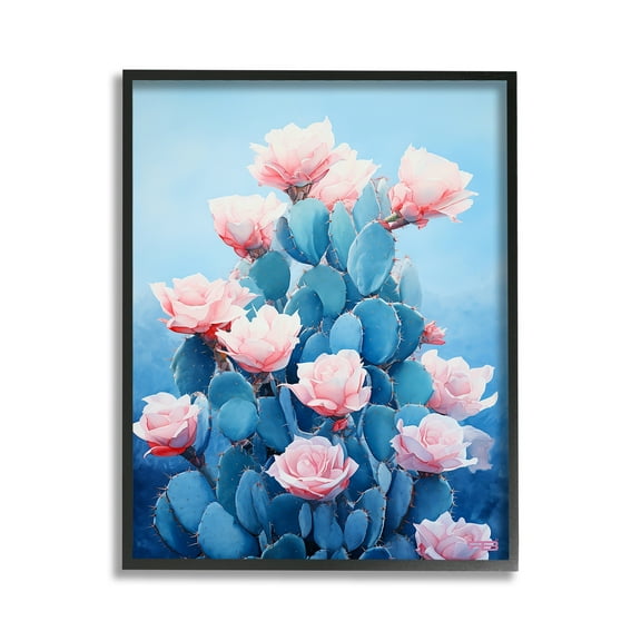 Stupell Industries Cactus & Rose Blossoms Botanical & Floral Painting Black Framed Art Print Wall Art, 11 x 14