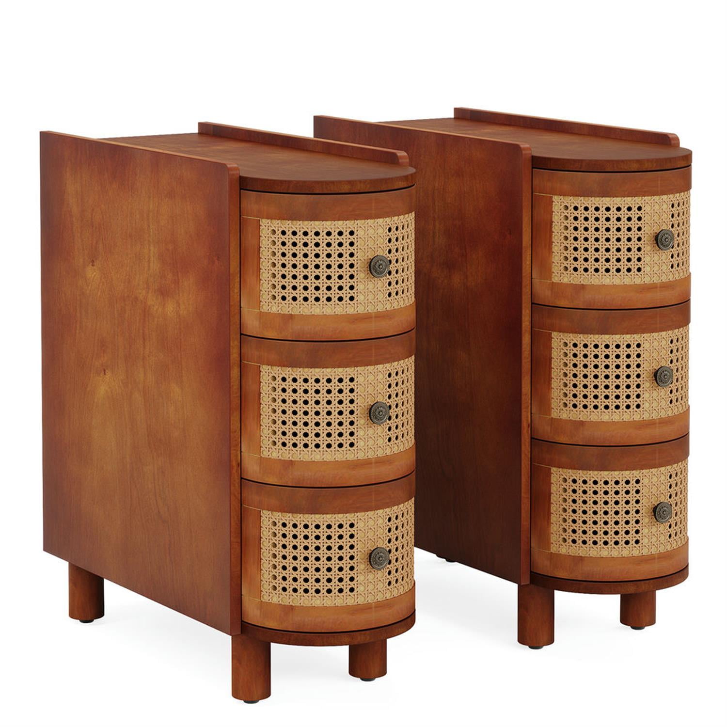 Demi Bonn 26" Wood Nightstand with 3-Drawers, Bedside End Table for Bedroom, Modern Rattan Side Table with Storage, Brown