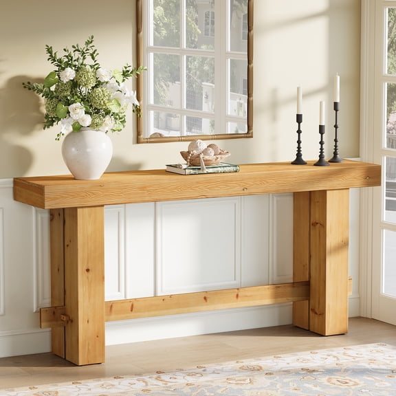 63" Solid Wood Console Table with Pedestal Base, Farmhouse Narrow Entryway Sofa Table for Living Room Hallway