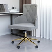 BELLEZE Belden Swivel Computer Desk Chair, Button-Tufted Upholstered Fabric with Nailhead Trim, Mid-Back Accent Armchair Adjustable Height, Grey & Gold