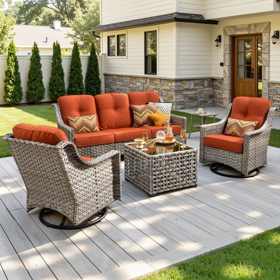 Vcatnet 5 Pieces Outdoor Patio Furniture Set High-Back Wicker Rattan Conversation Set Outdoor Sectional with Swivel Chairs and Coffee Table, Orange Red