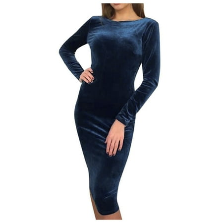 

Juebong Christmas Deals Women O-Neck Velvet Long-sleeved Sexy Backless Slim Stretch Evening Dress Skirt on Clearance Dark Blue M