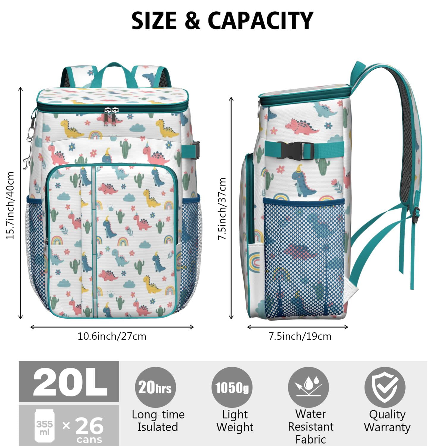 Travel Cooler Bag - White Dinosaurs Rainbows Cacti Pattern Camping Beer Cooler Backpack with Bottle Opener- Waterproof Insulated Picnic Backpacks - Cooler Bag for Beach