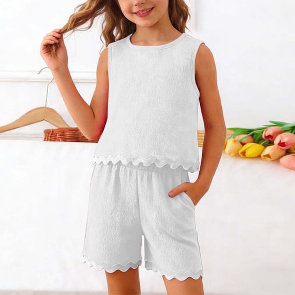 Mifsaly Girls 2 Piece Outfits Sleeveless Tank Tops and Elastic Waist Shorts Lightweight Lounge Kids Summer Casual Playwear