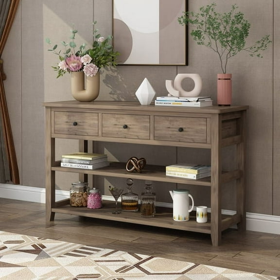 Farmhouse Vintage Console Table, 47.2" Wash Gray Sofa Table with 4 Drawers & Open Shelf, 200lb Capacity for Entryway, Living Room, Bedroom