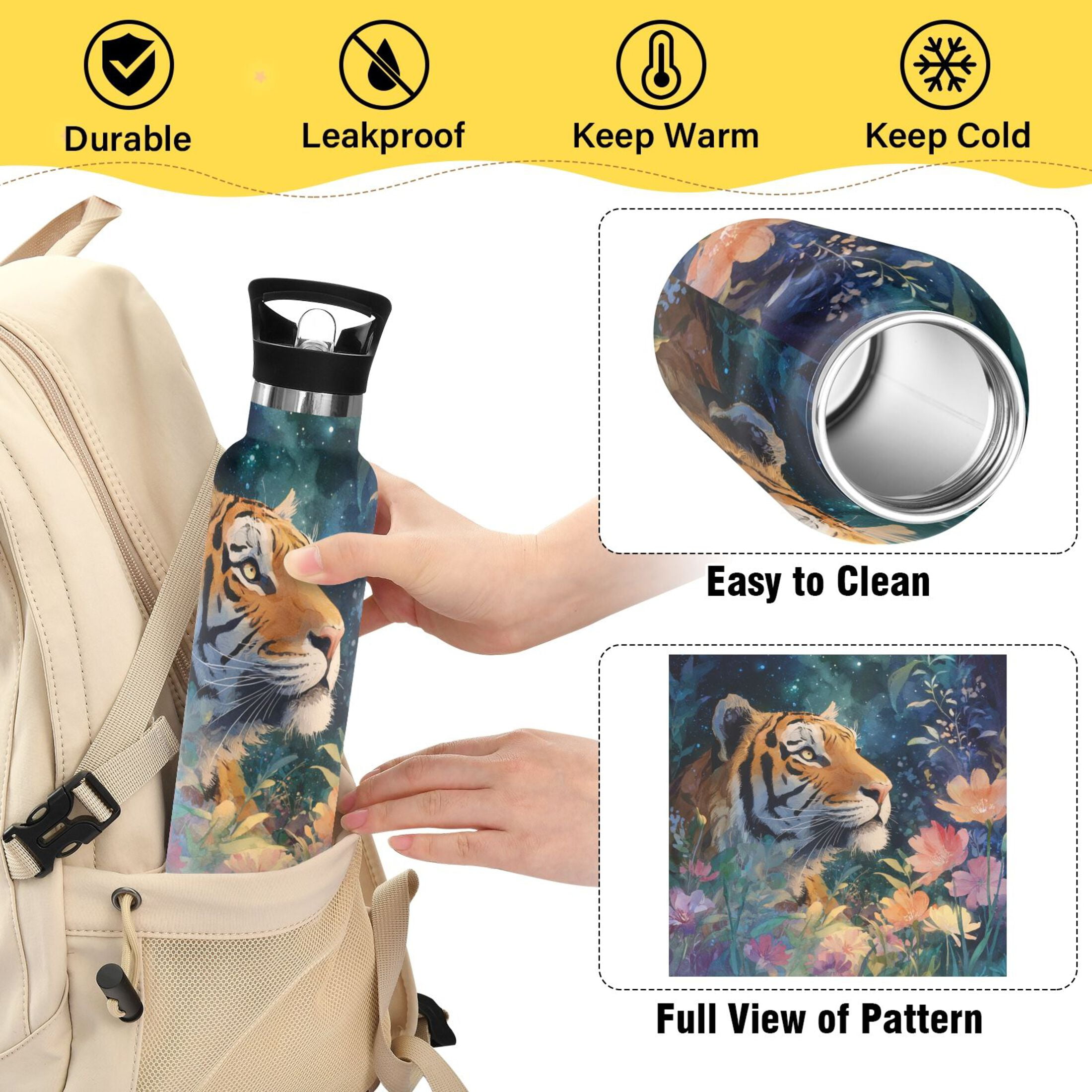 600ML Stainless Steel Insulated Cup Sports Water Bottle Portable Thermos Cup Water Glasses Insulated Tumblers Convenient and Durable Night Tiger
