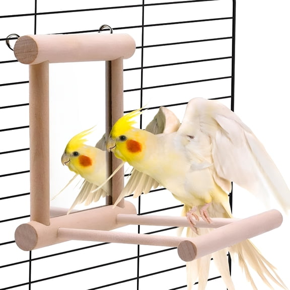XIBUFE Bird Mirror Parakeet Mirror Perch Stand Wooden Swing Mirror Toy Cage Accessories for Parrots Budgies Parakeets Cockatiels Lovebirds Finches