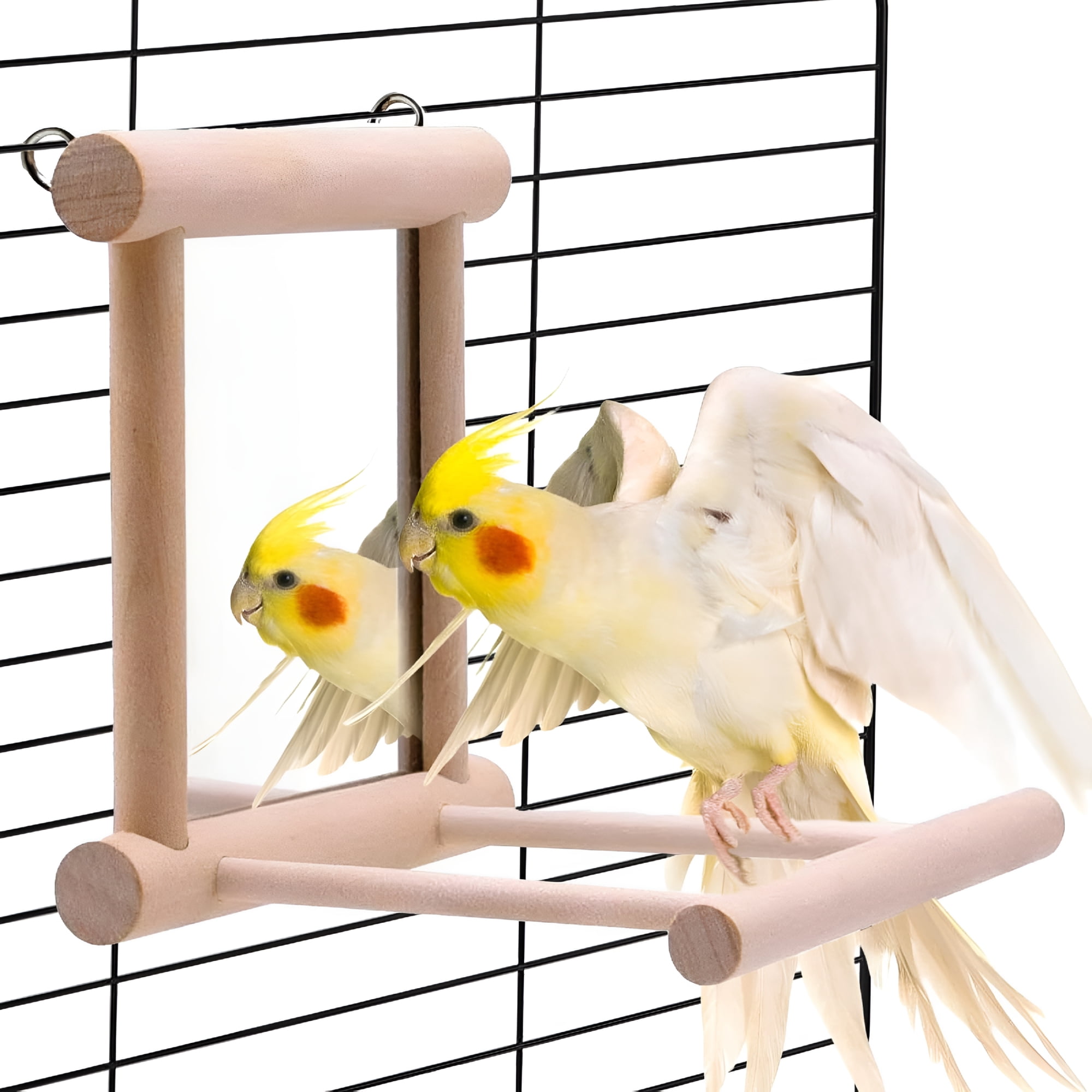XIBUFE Bird Mirror Parakeet Mirror Perch Stand Wooden Swing Mirror Toy Cage Accessories for Parrots Budgies Parakeets Cockatiels Lovebirds Finches