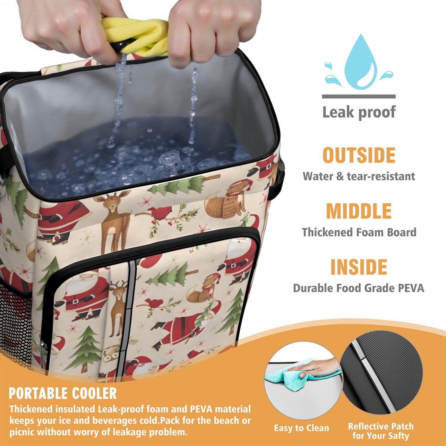 Travel Cooler Bag - Beige Christmas Santa and Animal Pattern Camping Beer Cooler Backpack with Bottle Opener- Waterproof Insulated Picnic Backpacks - Cooler Bag for Beach