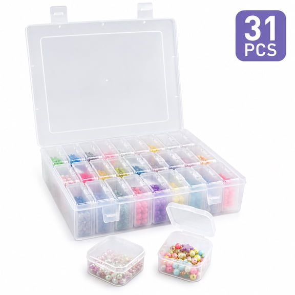 Bead Organizer Box, 31 Pcs Plastic Small Parts Organizer and Glitter Storage Container with Hinged Lid for DIY Jewelry Bracelet Nail Art Making