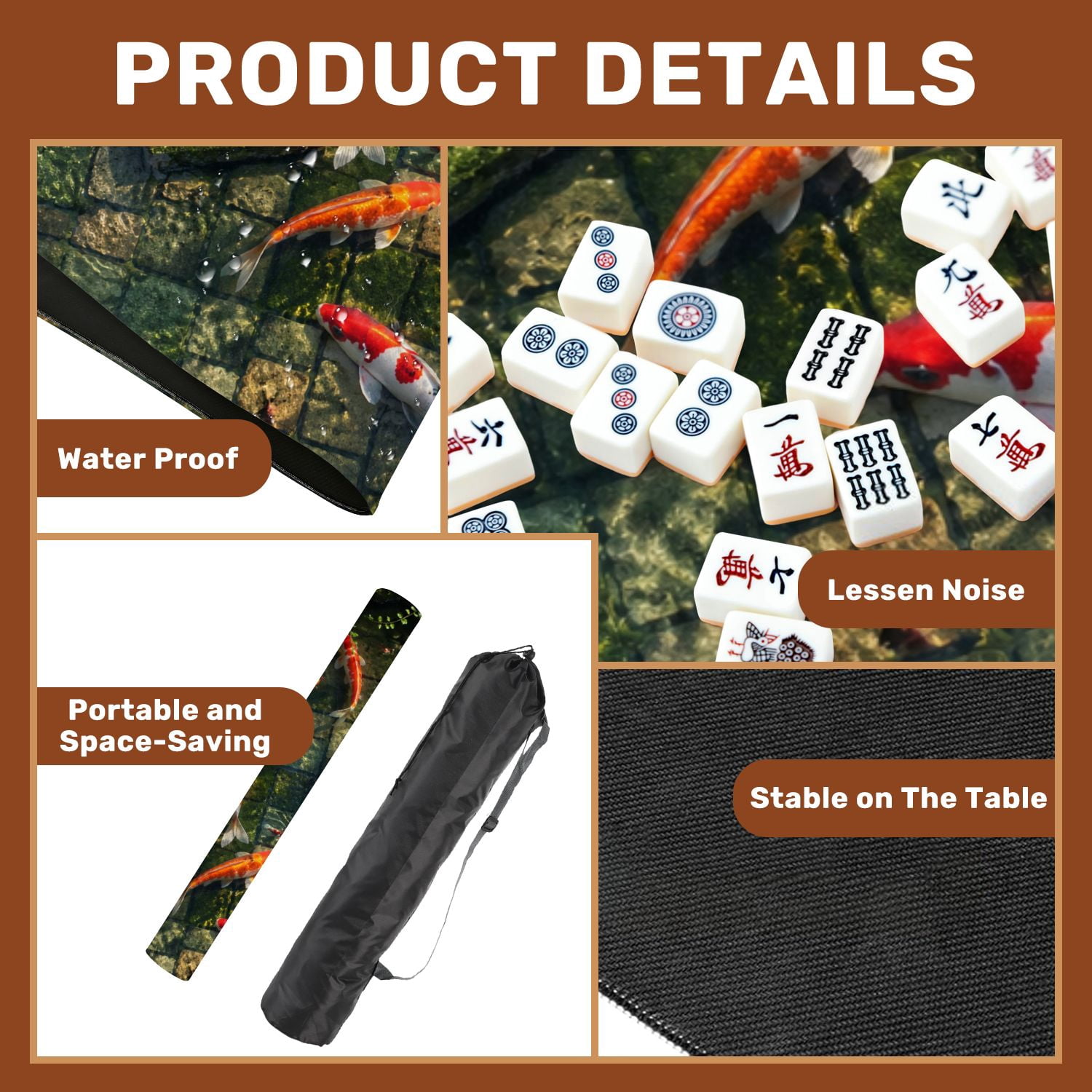 Mahjong Mat 31.5" x 31.5" Colorful Fish Swimming Clear Garden Pond Lily Pads Mossy Stones Non-Slip Noise Reduction American Mahjong Tiles Table Cover for Dominoes Poker Card Board Games Gift