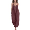 thumbnail image 3 of VBVC Women's Cotton-Linen Spaghetti Strap Jumpsuit,Adjustable Zipped Overall For Women,Ladies Summer Vacation Baggy Long Rompers with Pockets,Wine,S-2XL, 3 of 6