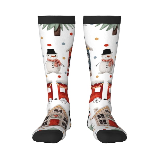 Fotbe Christmas Houses Calcetas Divertidas Estampadas para Hombre y Mujer, Calcetas de Algodón hasta la Rodilla para Caminar, Correr, Enfermería y Embarazo