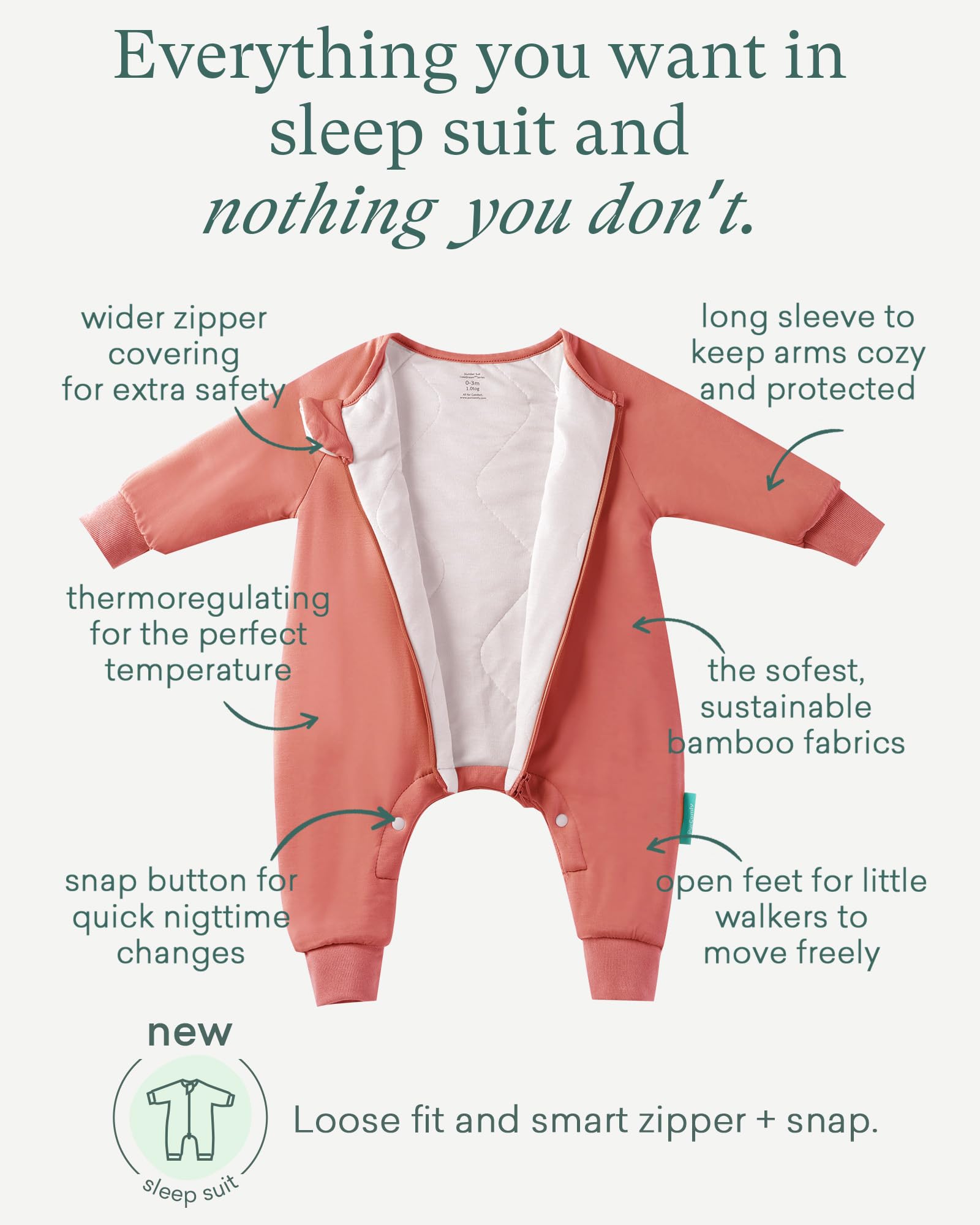 PurComfy Supersoft Baby Safe Sleep Sleepsuit, Zipper + Snap for Easy Diaper Changes 3-6 Months, Coral