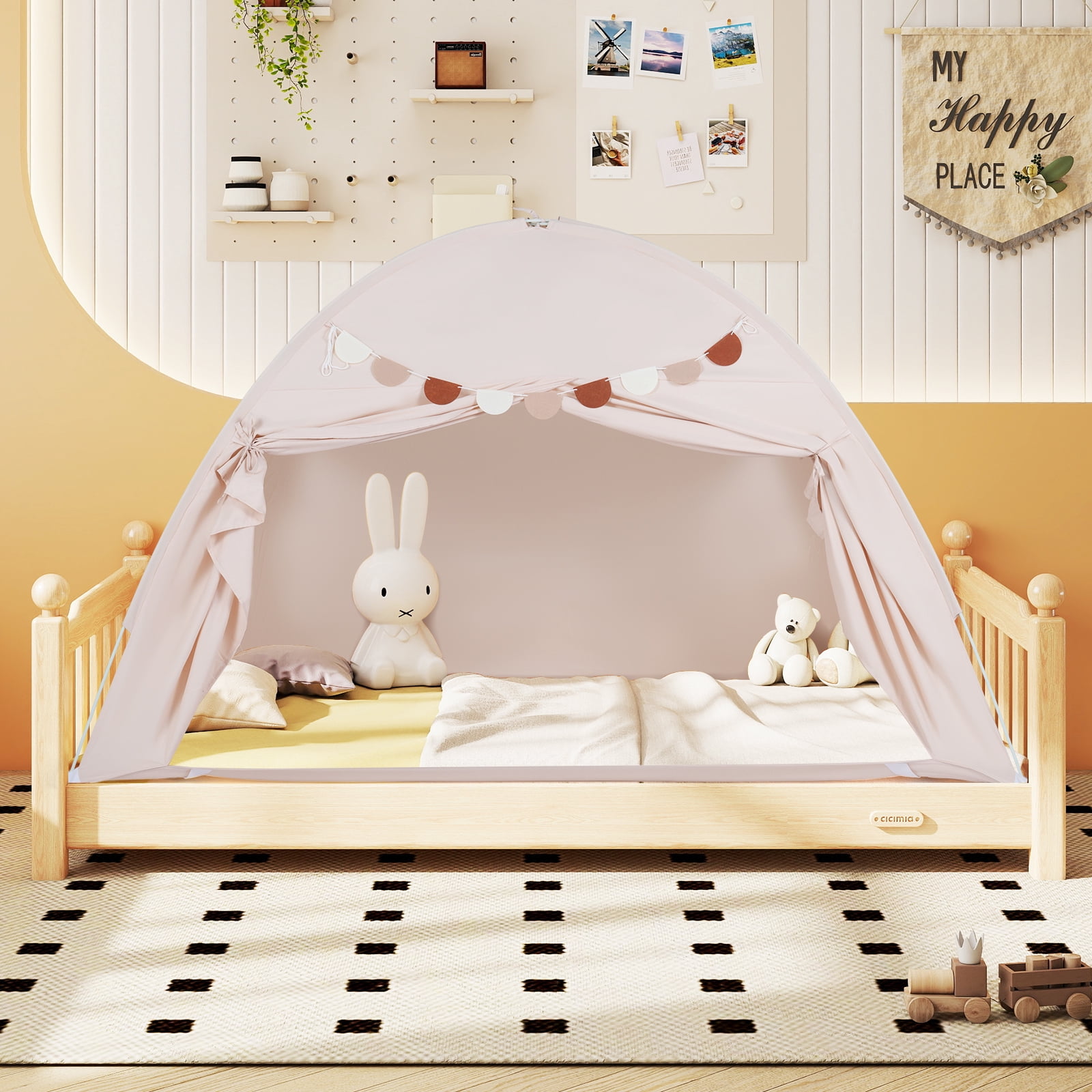 Gymax Twin Full Size Bed Tent w/2 Windows Flags for Boys & Girls Aged 3+ Years Old Beige