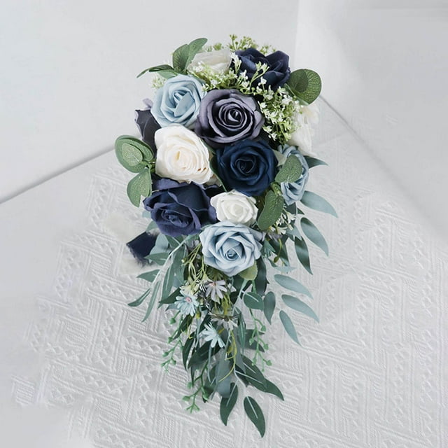 Baohd Bouquets de Mariage Élégants pour Mariée en Forme de Cascade Décor Fait Main Bleu