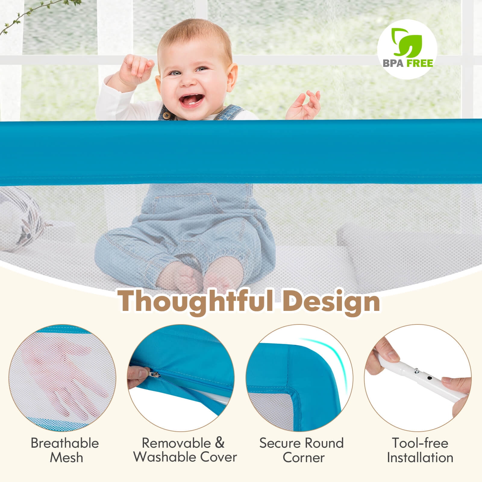 Infans 71" Foldable Baby Bed Rail Guard Toddlers Swing Down Safety Bedrail Blue