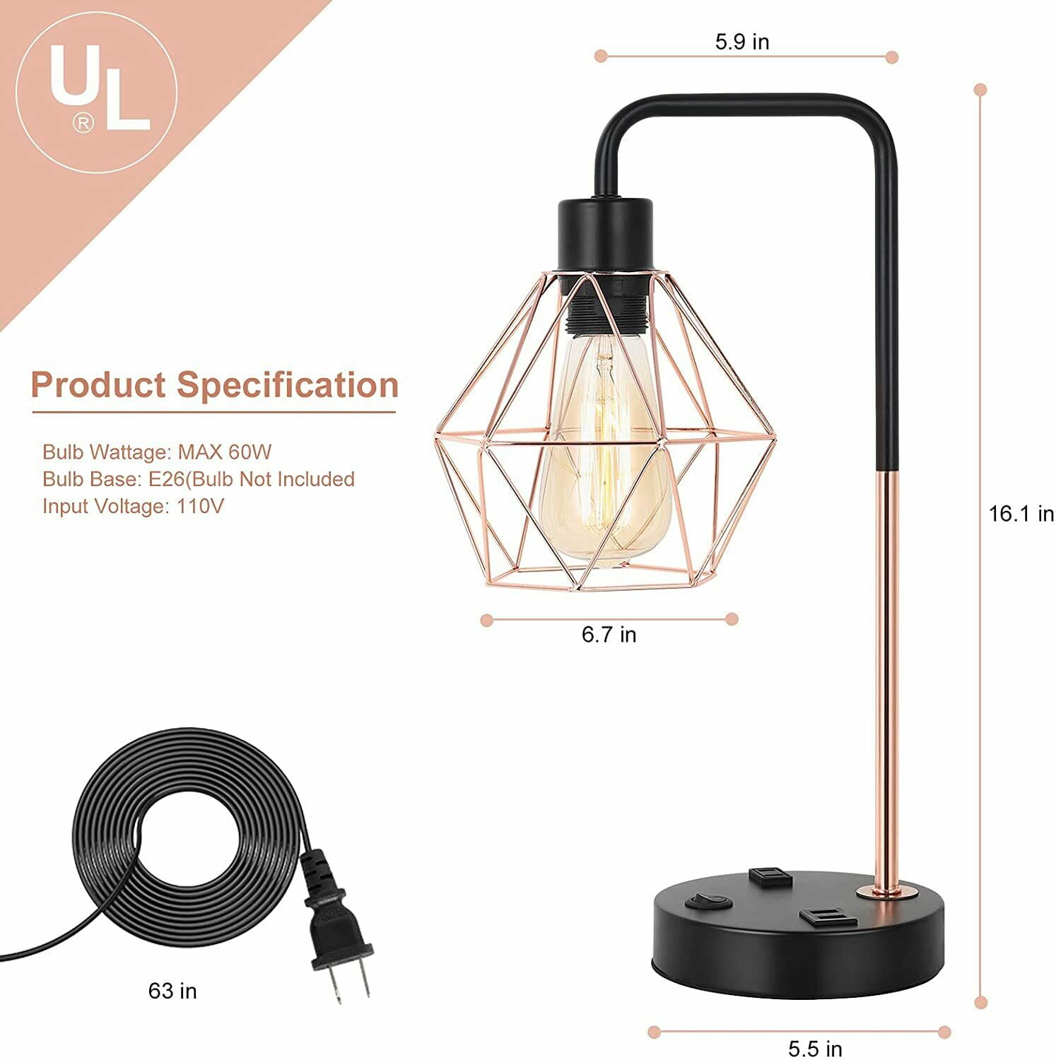 USB Bedside Table & Desk Lamp with 2 USB Charging Ports & AC Outlet for Bedroom