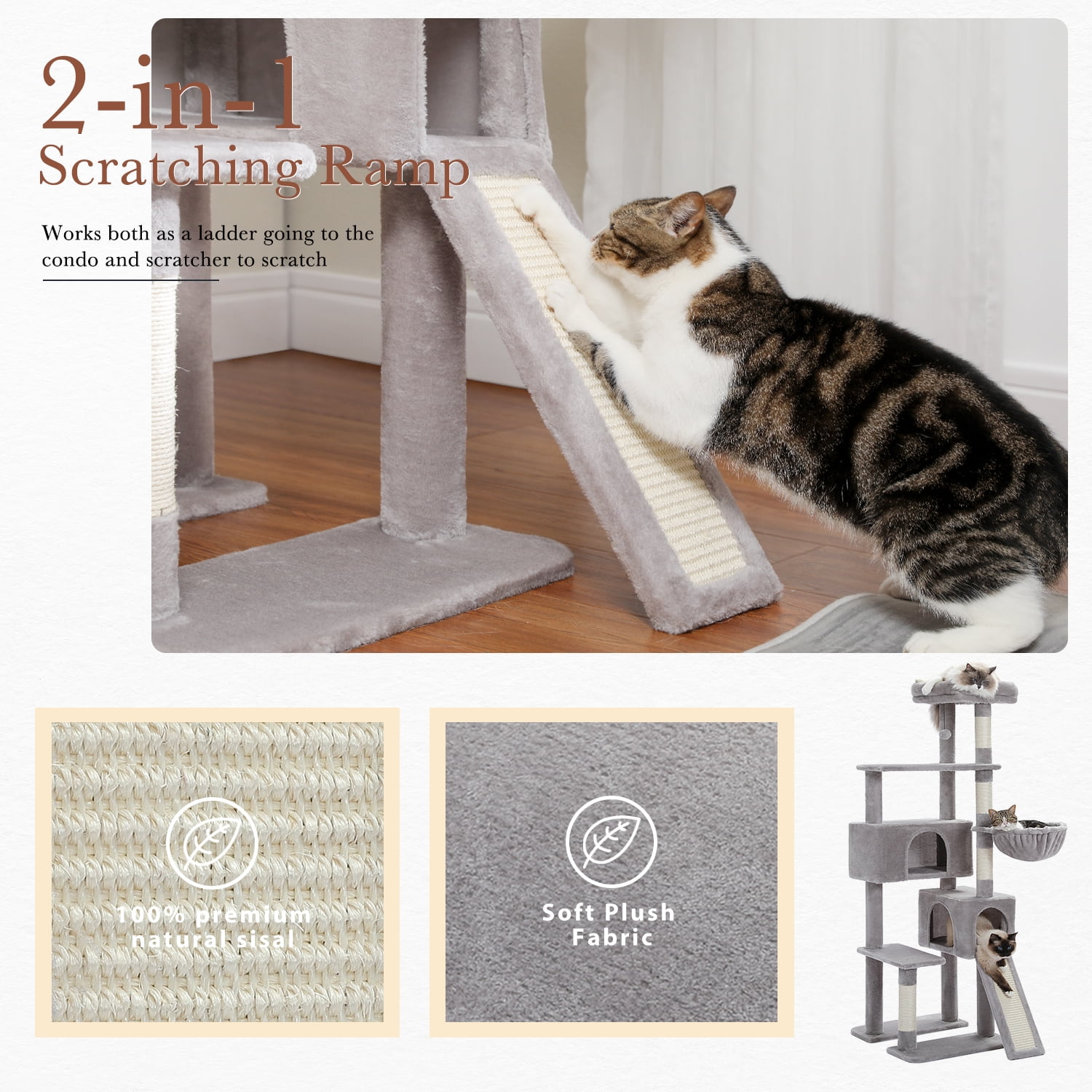 PEQULTI 61" Modern Cat Tree Large Cat Tower with Ladder and Dual Condos Indoor Light Gray