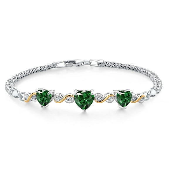 Gem Stone King 925 Sterling Silver and 10k Yellow Gold Green Nano Emerald and White Lab Grown Diamond Bracelet for Women (2.48 Cttw, Heart 7MM and 6MM, 6.5/7/7.5 inch, Made in Italy)