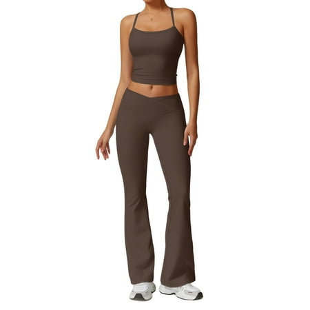 KANG Workout Sets for Women 2 Piece High Waist Flared Leggings Slit Hem Spaghetti Strap Cross Sports Bra Slim Gym Yoga Outfit