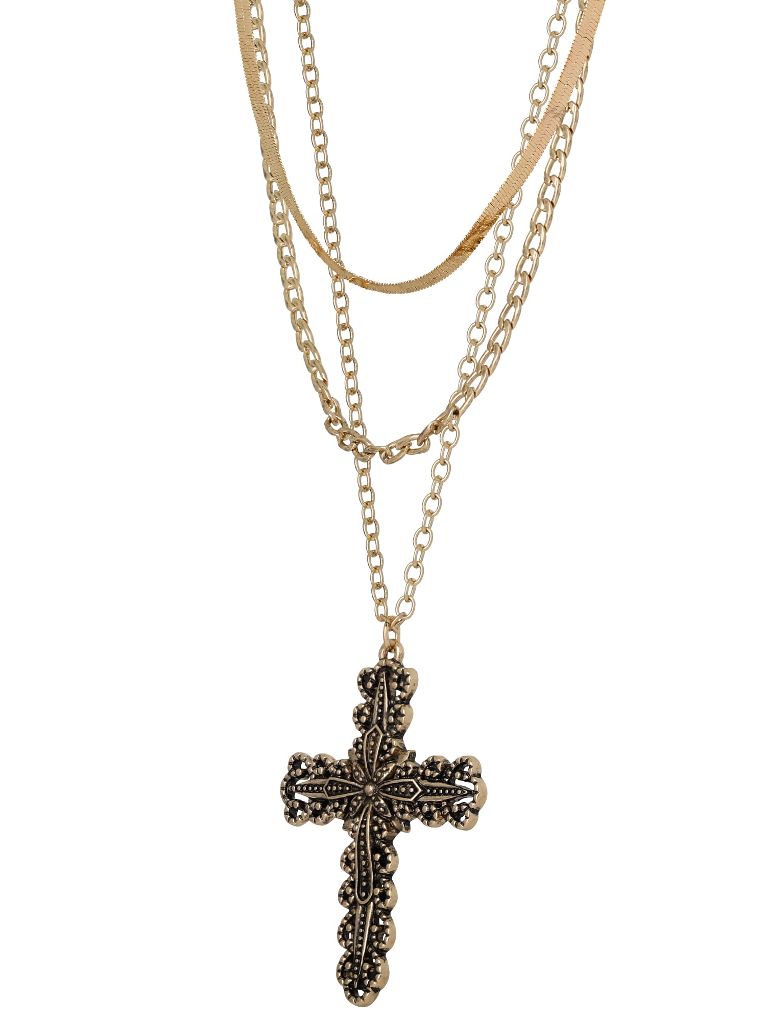 Jessica Simpson Women's Gold-Tone Layered Cross Necklace with Snake Chain and Link Chain