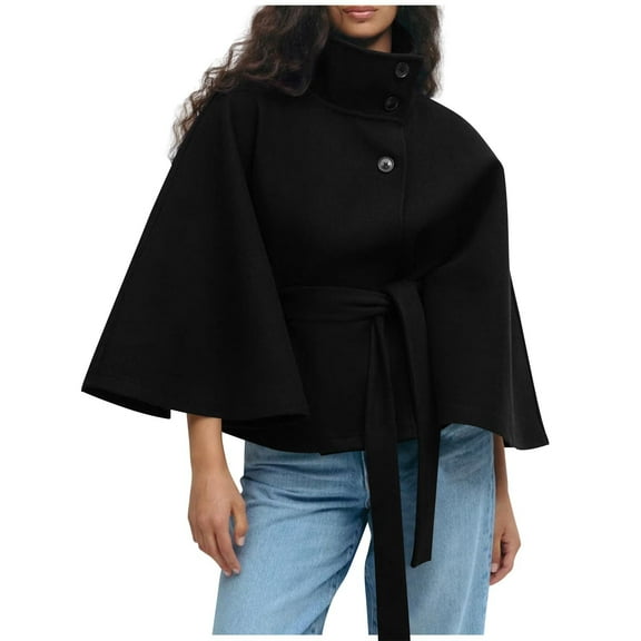 Sexlip Womens Batwing Sleeve Poncho Pea Coats, Wool Blend Cape Coat Belted Stand Collar Trench Outerwear Winter Cropped Overcoat Black XL
