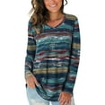 thumbnail image 3 of ZheElen T-shirt Femme Automne Imprimé Col en V Manches Longues Blouse Décontractée, Bleu, L, 3 of 5