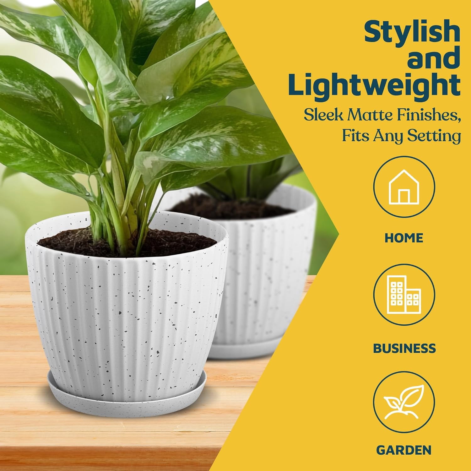 White Gray 6-Inch Plant Pots with Drainage & Saucers 3 Pack, Indoor & Outdoor Planters for Houseplants, Herbs, and Flowers, Durable & Weatherproof Material, Stackable, Lightweight, Minimalist Design