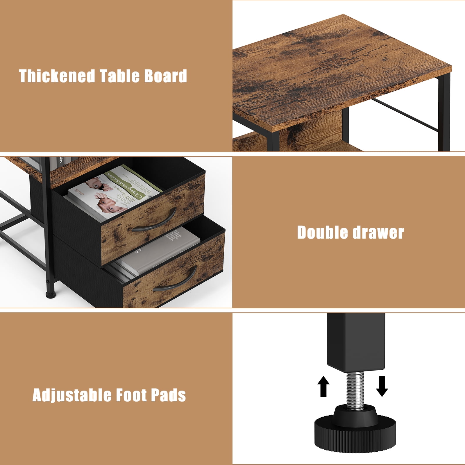 Oumilen Adult Nightstand for Bedroom End Side Table with 2 Drawers and Open Shelf Wood, Brown Set of 2