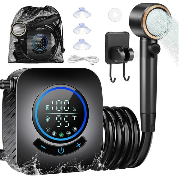 Upgraded Portable Shower, 8000mAh Rechargeable Camping Shower Pump with Intelligent Display, 5 Modes, IPX8 Lightweight Pocket Outdoor Shower Pump Kit for Hiking, Travel, , Pet