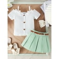 thumbnail image 2 of FEORJGP Kids Toddler Girls 2Pcs Summer Outfits 12M 18M 2T 3T 4T 5T Infant Baby Off Shoulder T-Shirts Short Sleeve Strap Tops + Pleated Skirt A-line Skirts Set Little Girl Fashion Casual Daily Clothes, 2 of 8