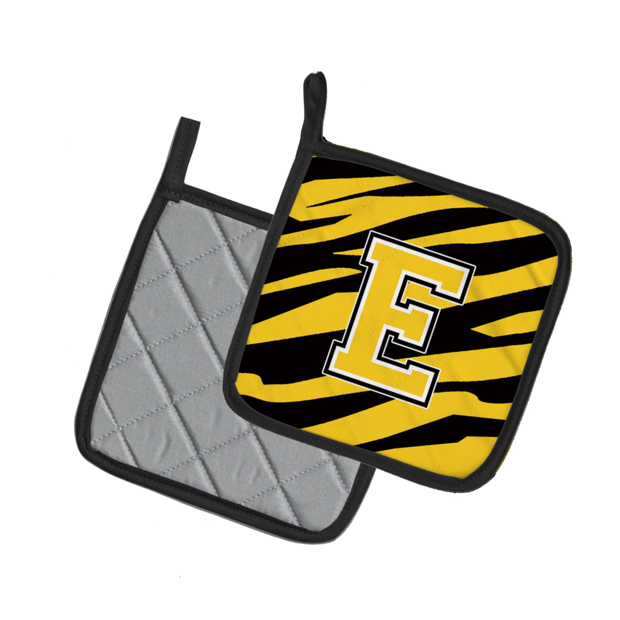 Caroline's Treasures Monogram Initial E Tiger Stripe - Black Gold Pair of Pot Holders