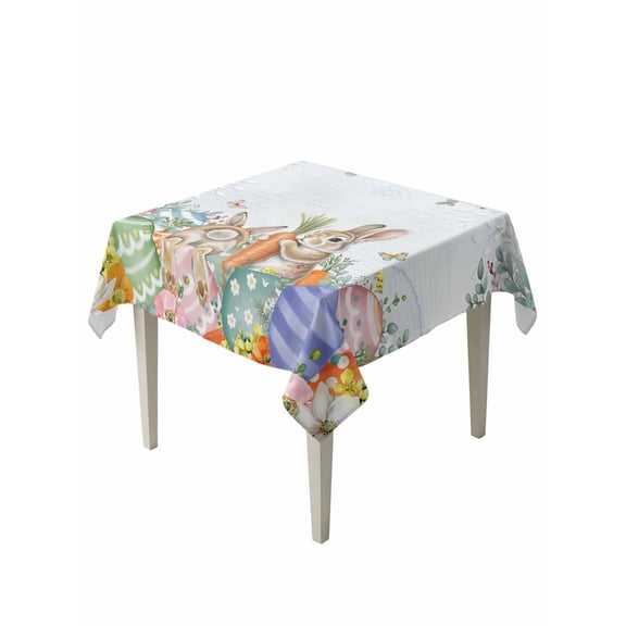 Spring Easter Table Cloth, Waterproof Tablecloth for Square Tables, Rabbit Eggs Eucalyptus Leaf Floral Butterfly Reusable Washable Fabric Table Cover for Restaurant Kitchen Dining Tables 54"x54"