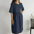 thumbnail image 4 of qILAKOG Summer Dresses 2024 Cotton Linen Button Short Sleeve Crew Neck Working Dress Solid Round Neck Casual Women's Dress Plus Size Mini Dress, Navy&M, 4 of 8