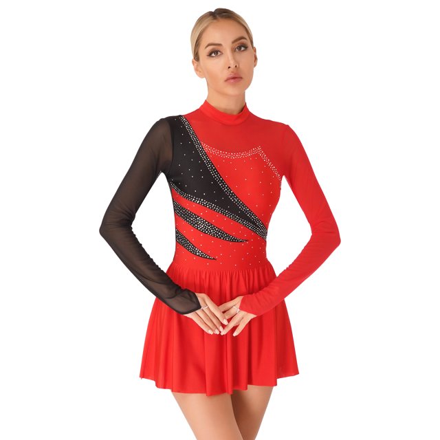 Sxiwei Robe de Patinage Artistique pour Femmes Manches Longues Dos Découpé Costume de Danse Contemporaine Rouge m