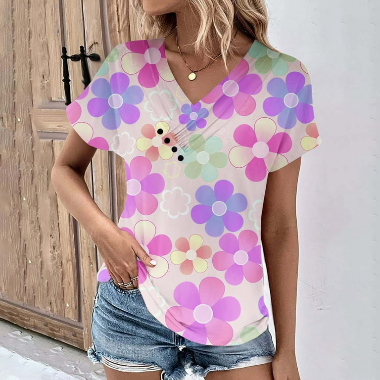 Blphud Womens Spring Shirt Violet Shirt Women Short Sleeve Floral